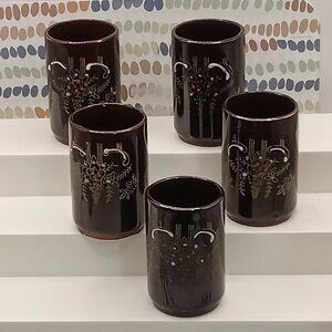 Traditional Japanese MORIAGE Painted Redware Tea 5 CUPS Shot Sake Glasses Vtg